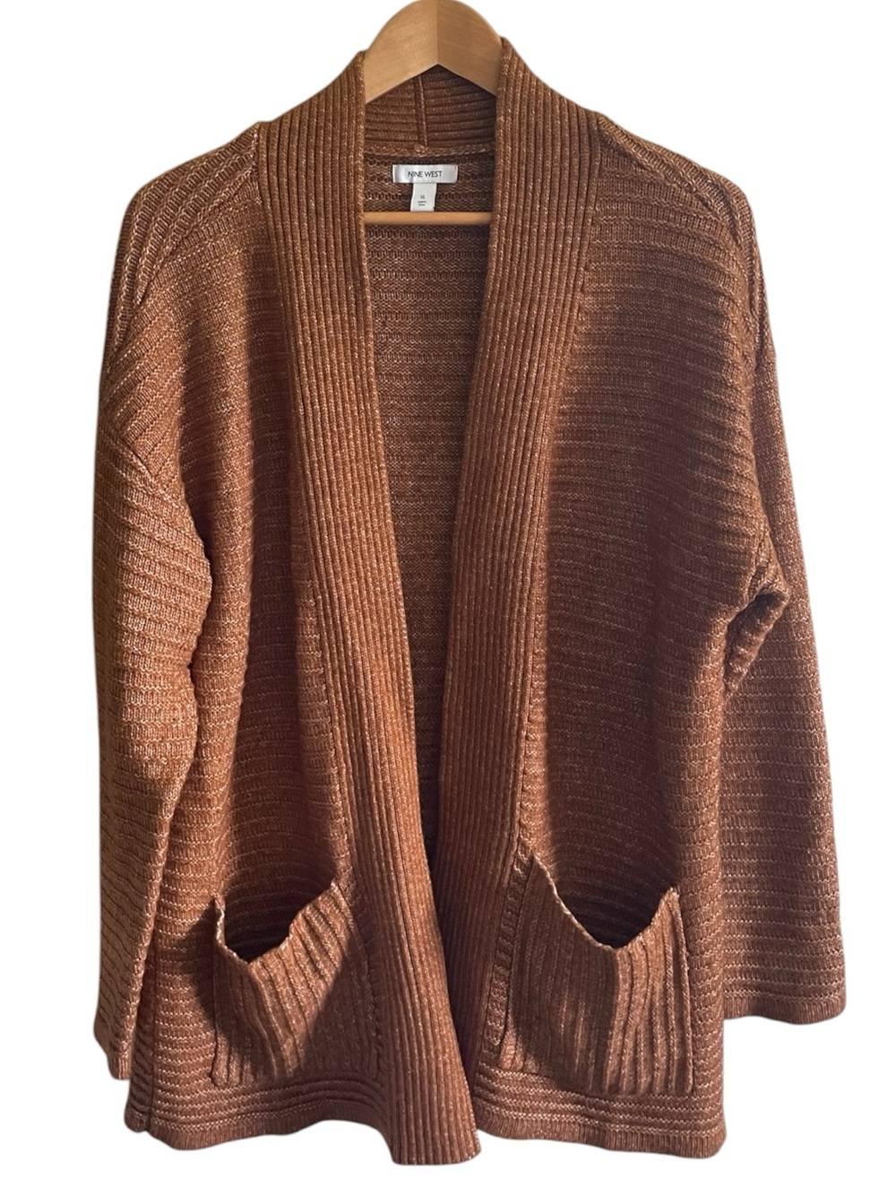I1- Nine West XL Lightweight Open-Front Cardigan Sweater - Rust Brown